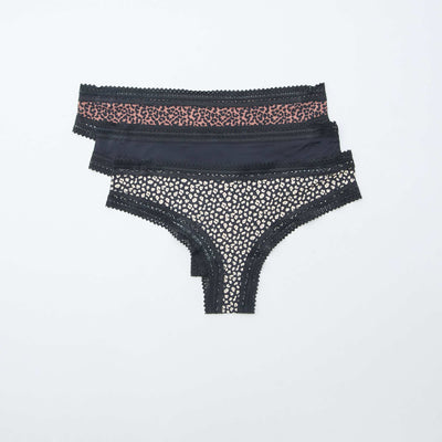 Pack of 3 Printed Microfiber Thongs BLACK