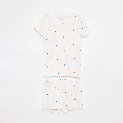 Printed T-shirt + shorts pyjama set with scalloped hems - 2-piece set WHITE