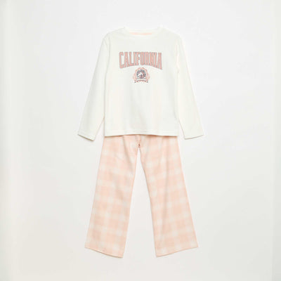 Fleece Long Pajama Set - T-shirt + Pants - 2 pieces WHITE