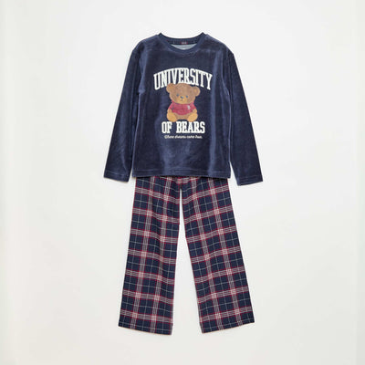 Fleece Long Pajama Set T-Shirt + Pants - 2 Pieces BLUE