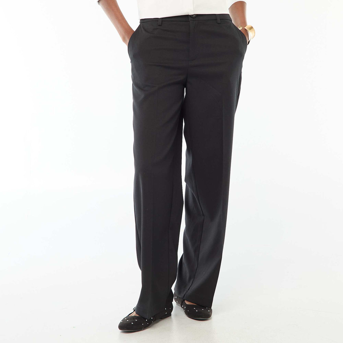High-Waisted Wide-Leg Trousers with Belt Loops BLACK