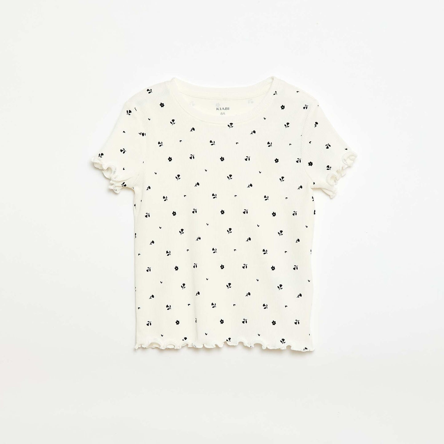 Ribbed T-shirt with Short Flutter Sleeves BEIGE