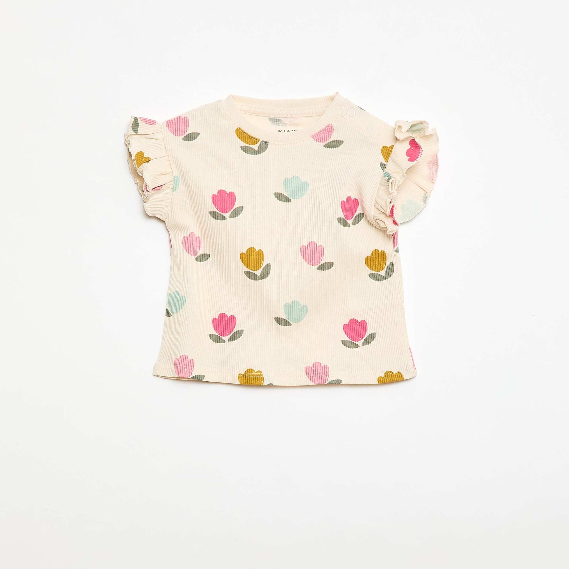 Ribbed T-shirt with Short Flutter Sleeves WHITE