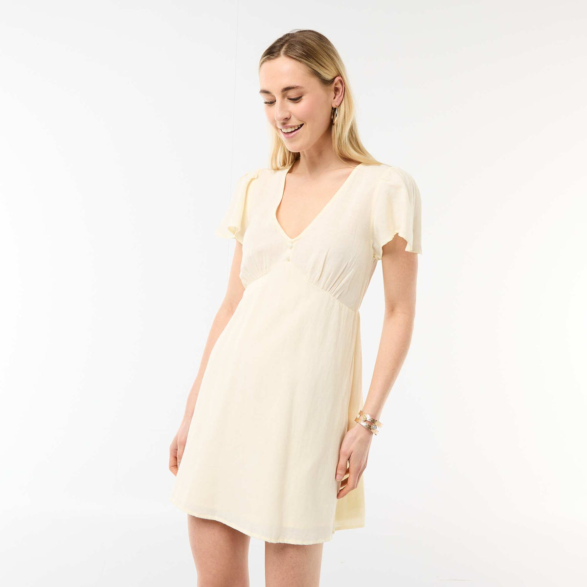 Short cotton and linen dress with butterfly sleeves YELLOW