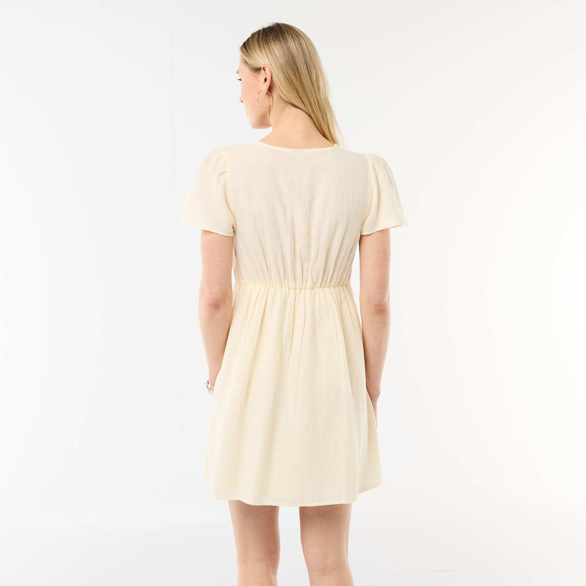 Short cotton and linen dress with butterfly sleeves YELLOW