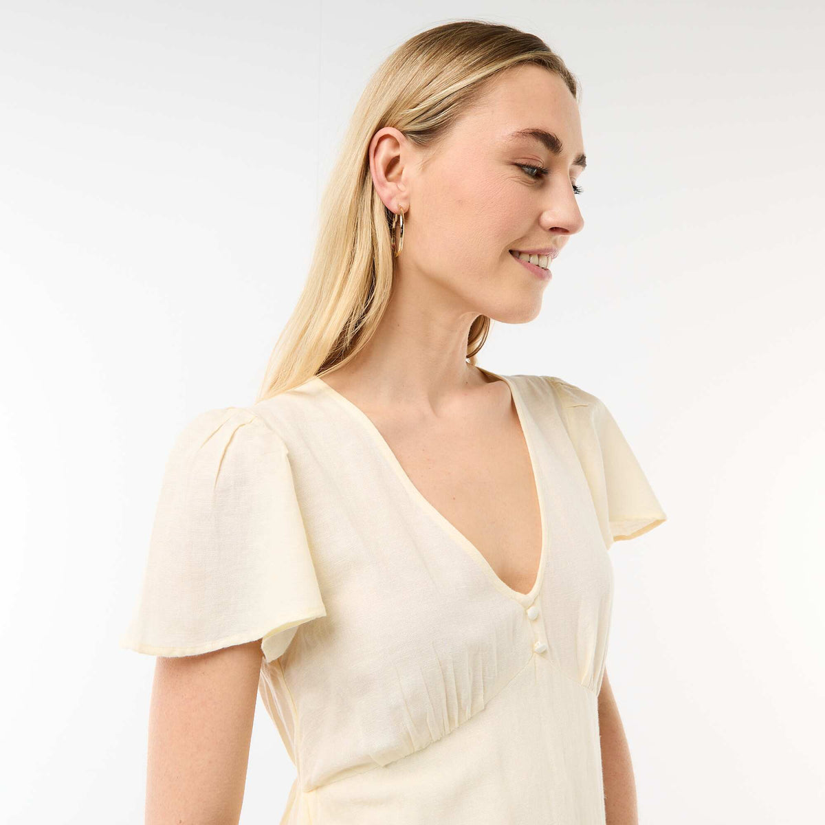 Short cotton and linen dress with butterfly sleeves YELLOW