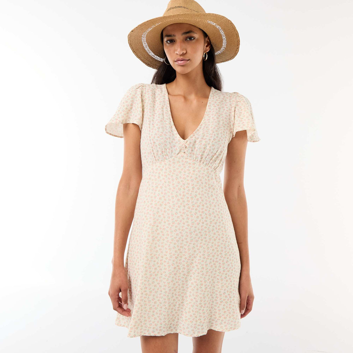Short dress with butterfly sleeves in cotton and linen WHITE