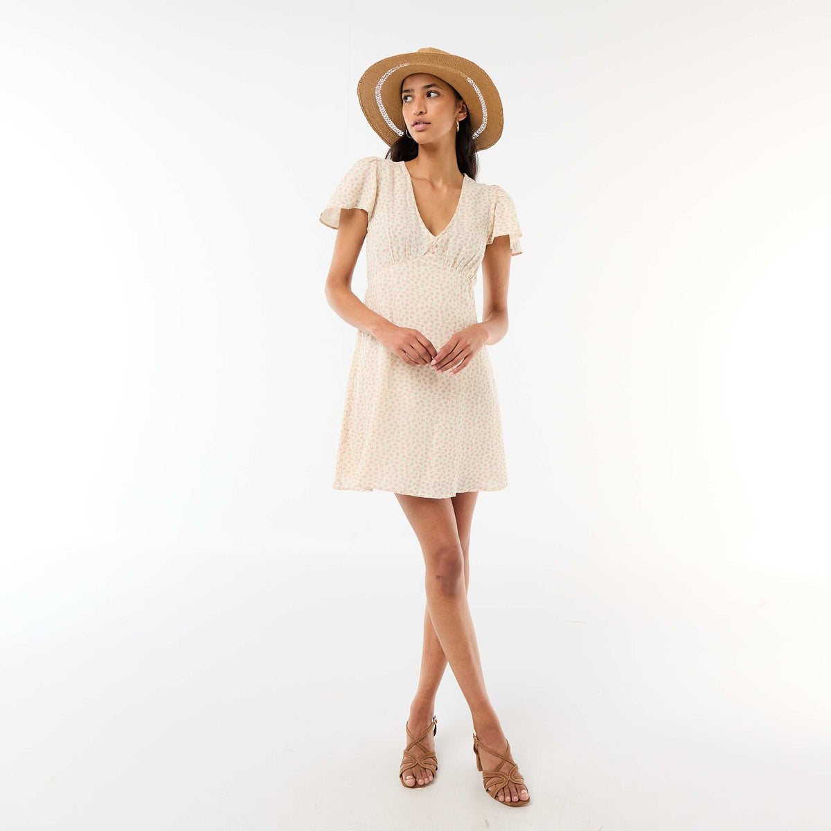 Short dress with butterfly sleeves in cotton and linen WHITE