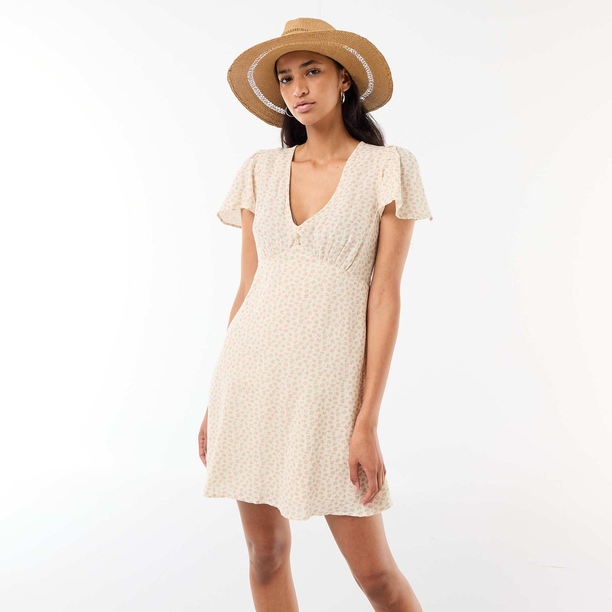 Short dress with butterfly sleeves in cotton and linen WHITE