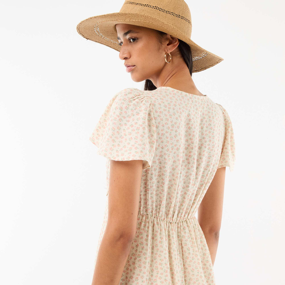 Short dress with butterfly sleeves in cotton and linen WHITE