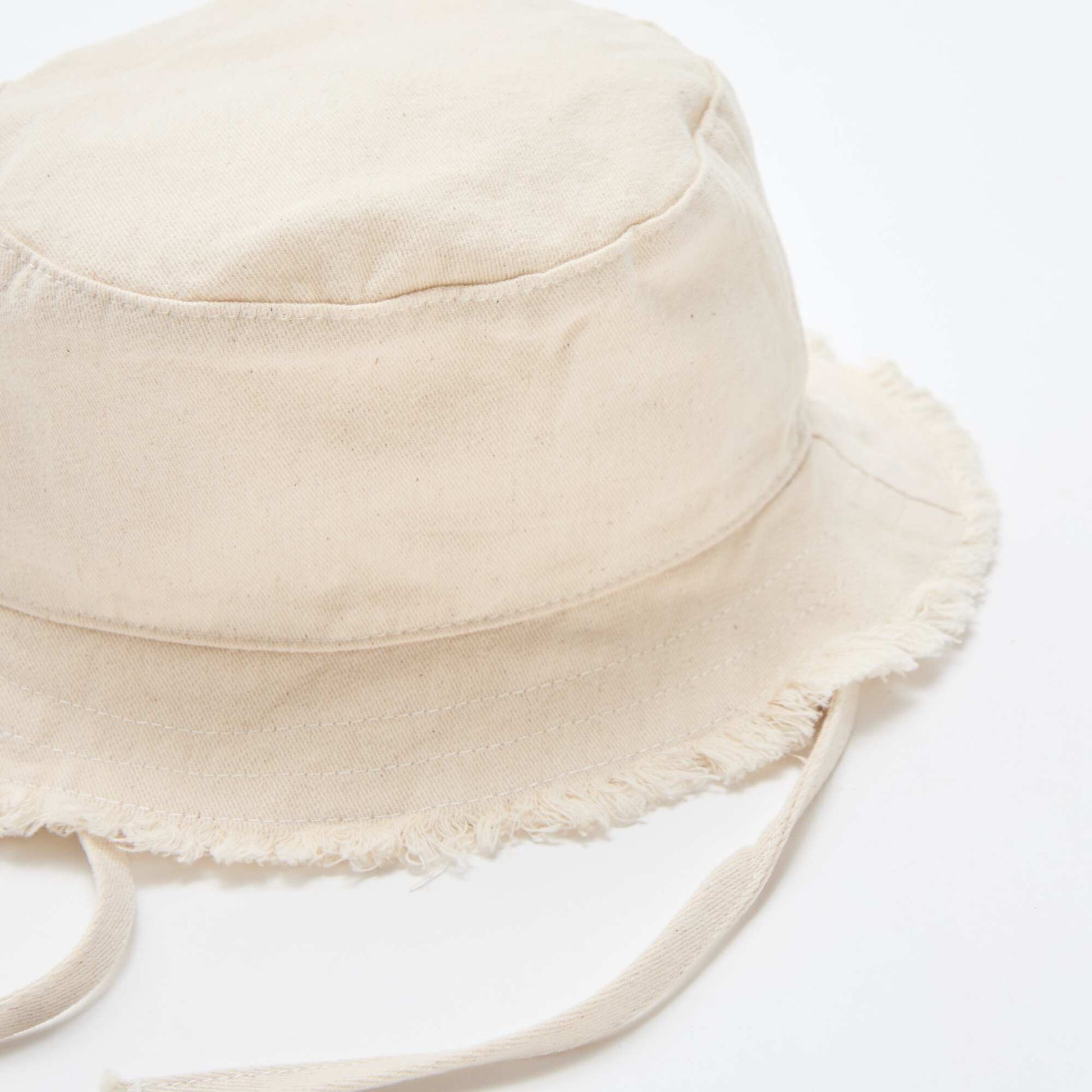 Fringed Cotton Bucket Hat with Ties BEIGE