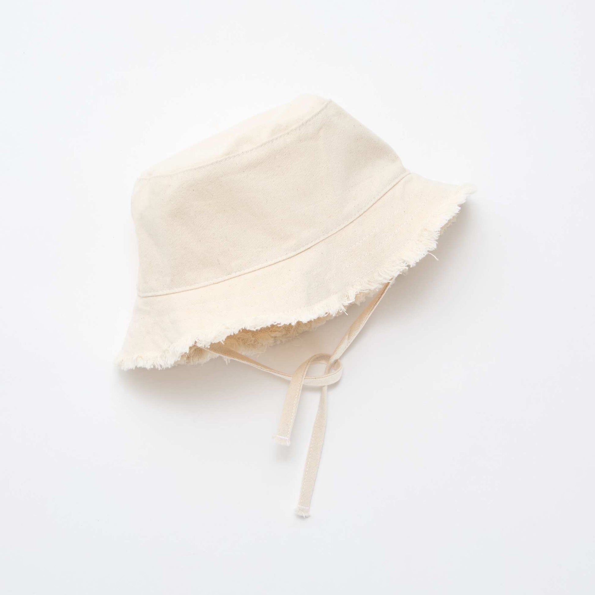 Fringed Cotton Bucket Hat with Ties BEIGE