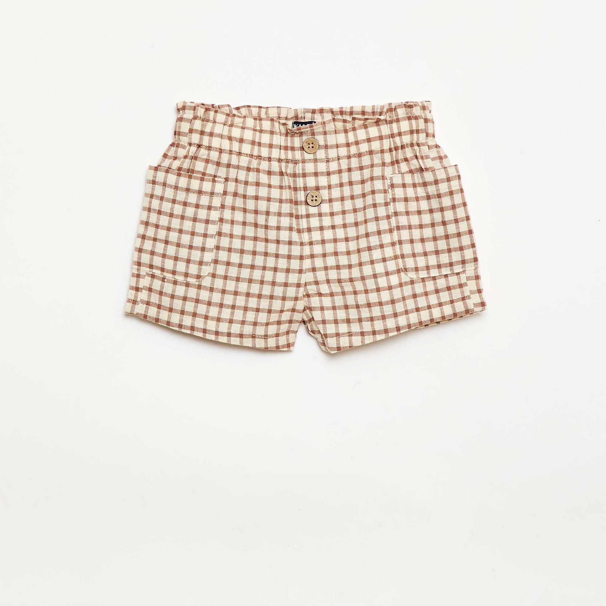Checked cotton and linen shorts BROWN