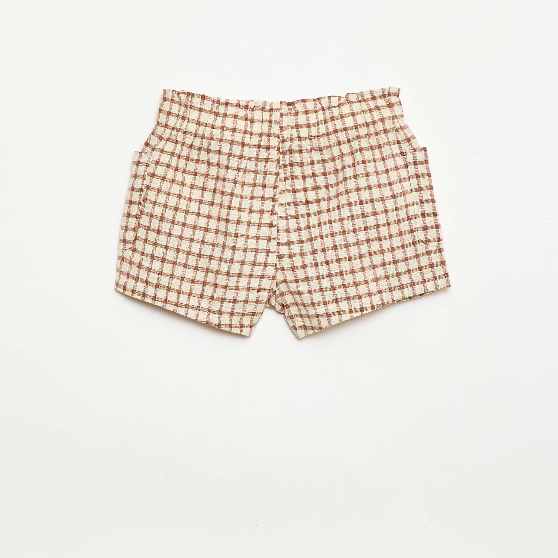 Checked cotton and linen shorts BROWN