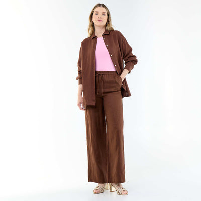 Women's wide-leg trousers in 100% linen BROWN