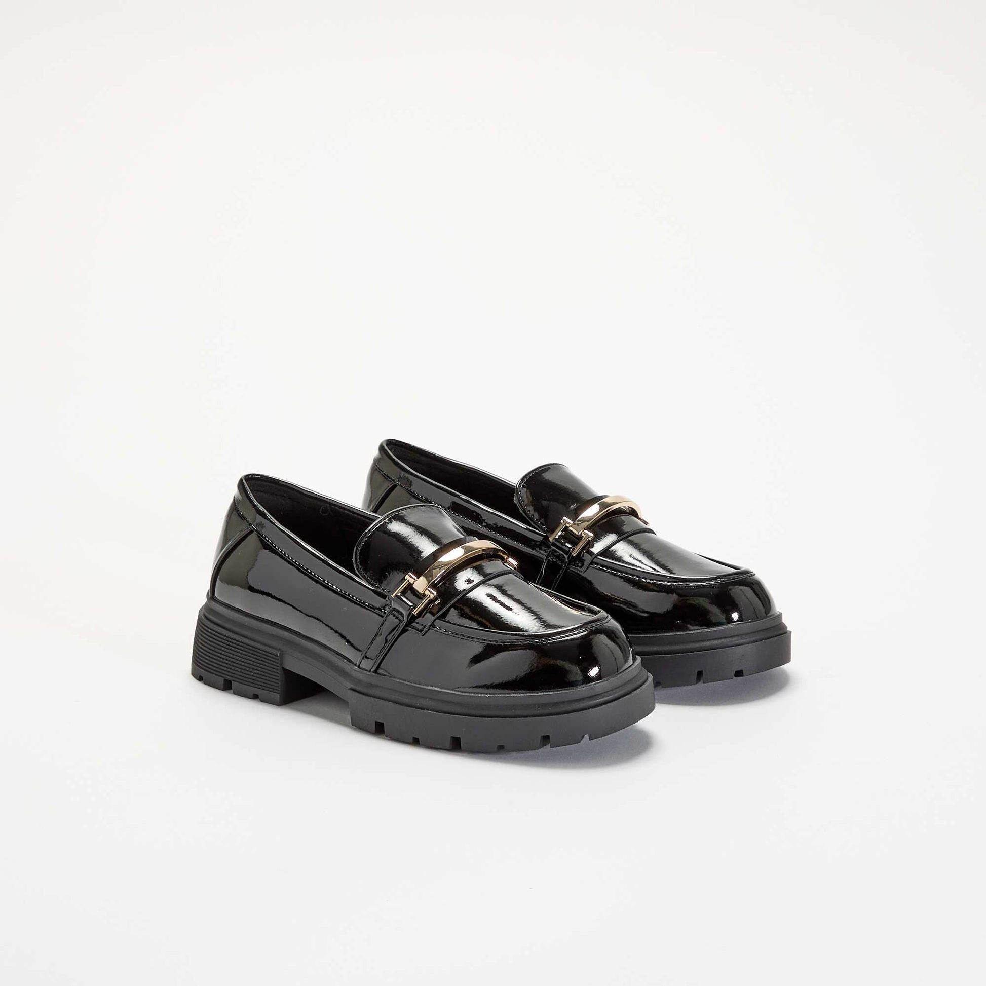 Patent loafers with lug soles BLACK
