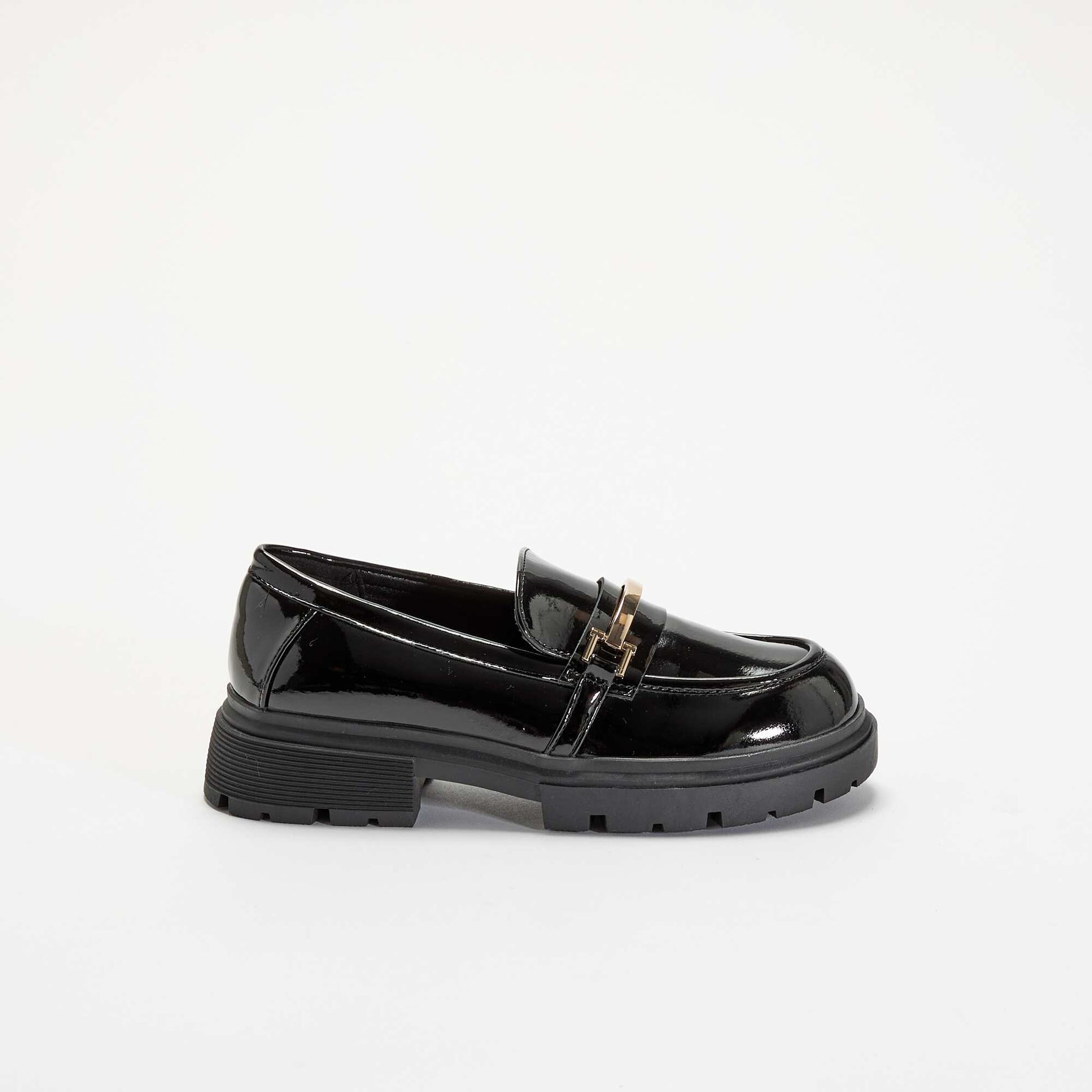 Patent loafers with lug soles BLACK