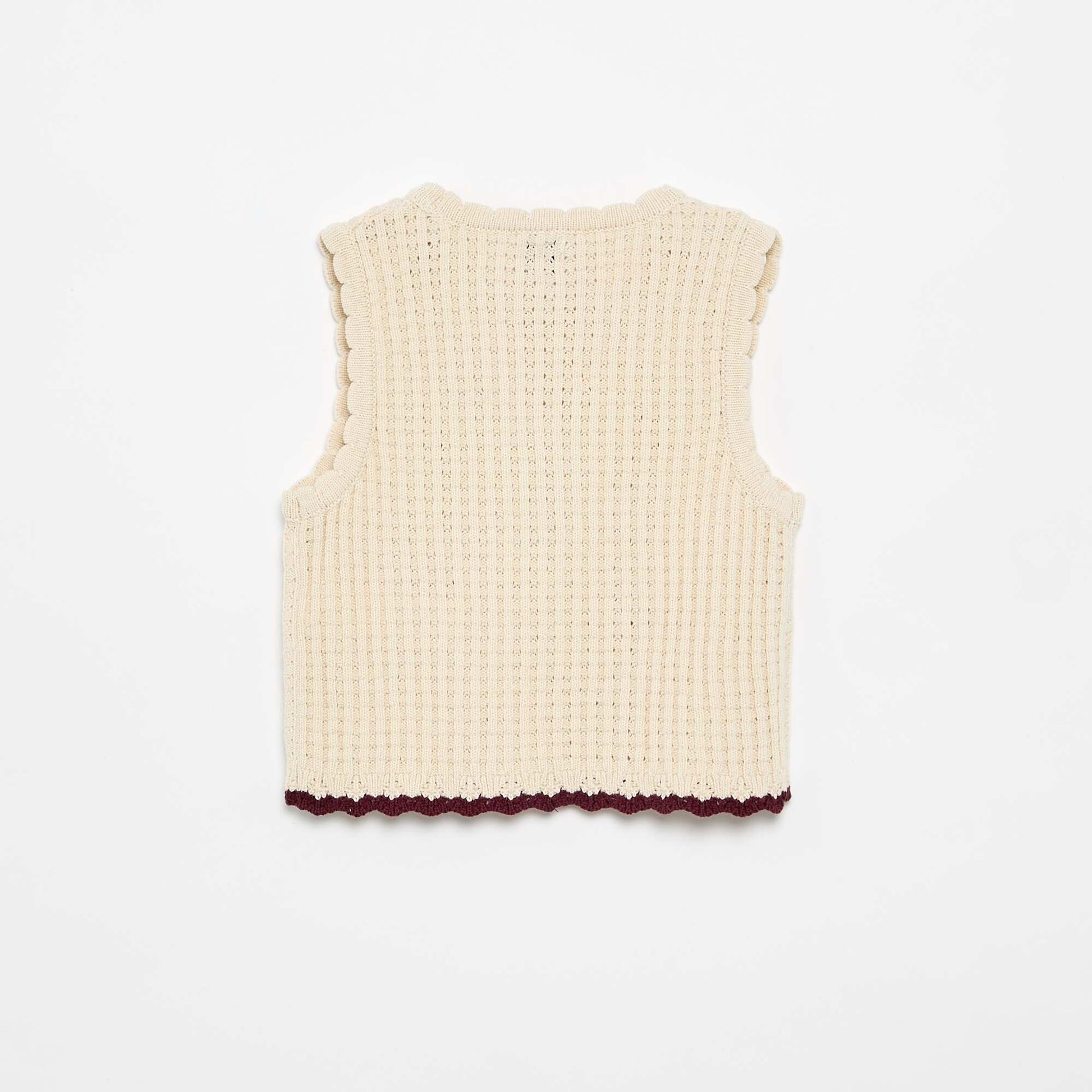 Sleeveless crochet T-shirt with embroidered details BEIGE