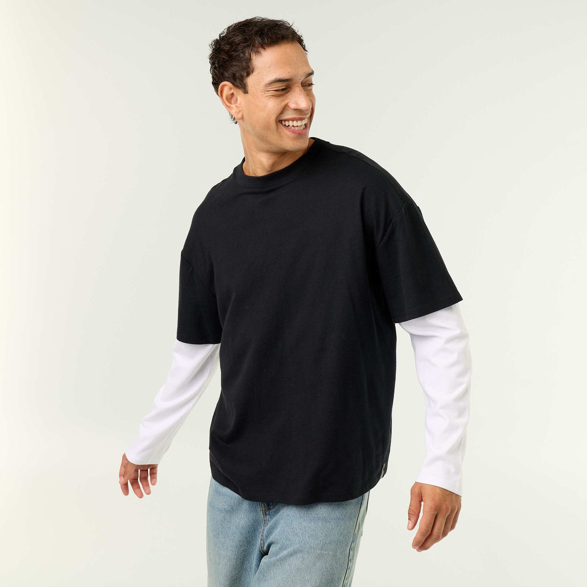 2-in-1 effect long-sleeve t-shirt BLACK