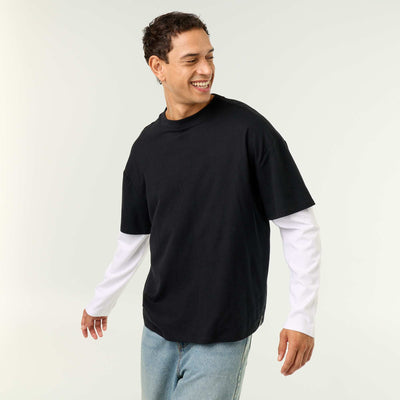2-in-1 effect long-sleeve t-shirt BLACK