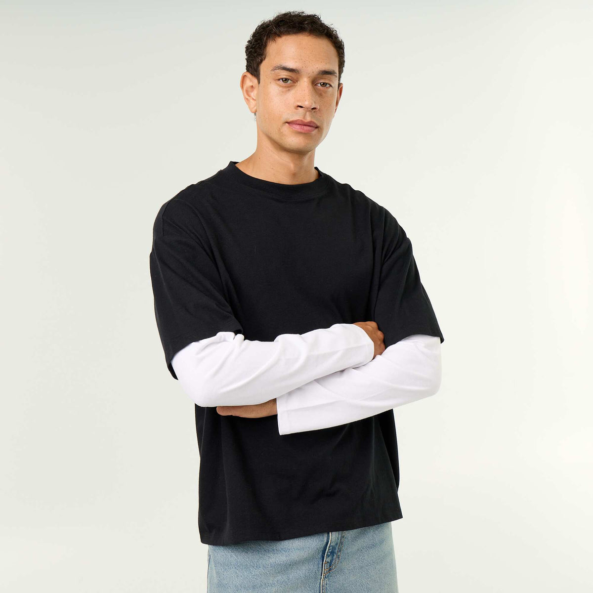 2-in-1 effect long-sleeve t-shirt BLACK