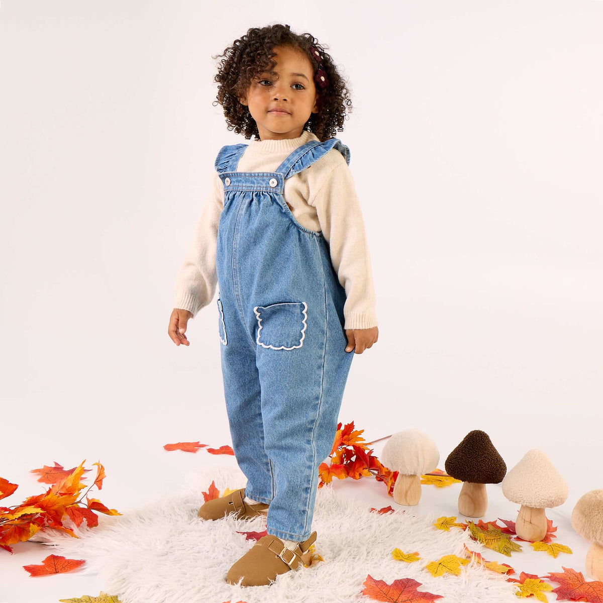 Denim overalls with ruffled straps BLUE