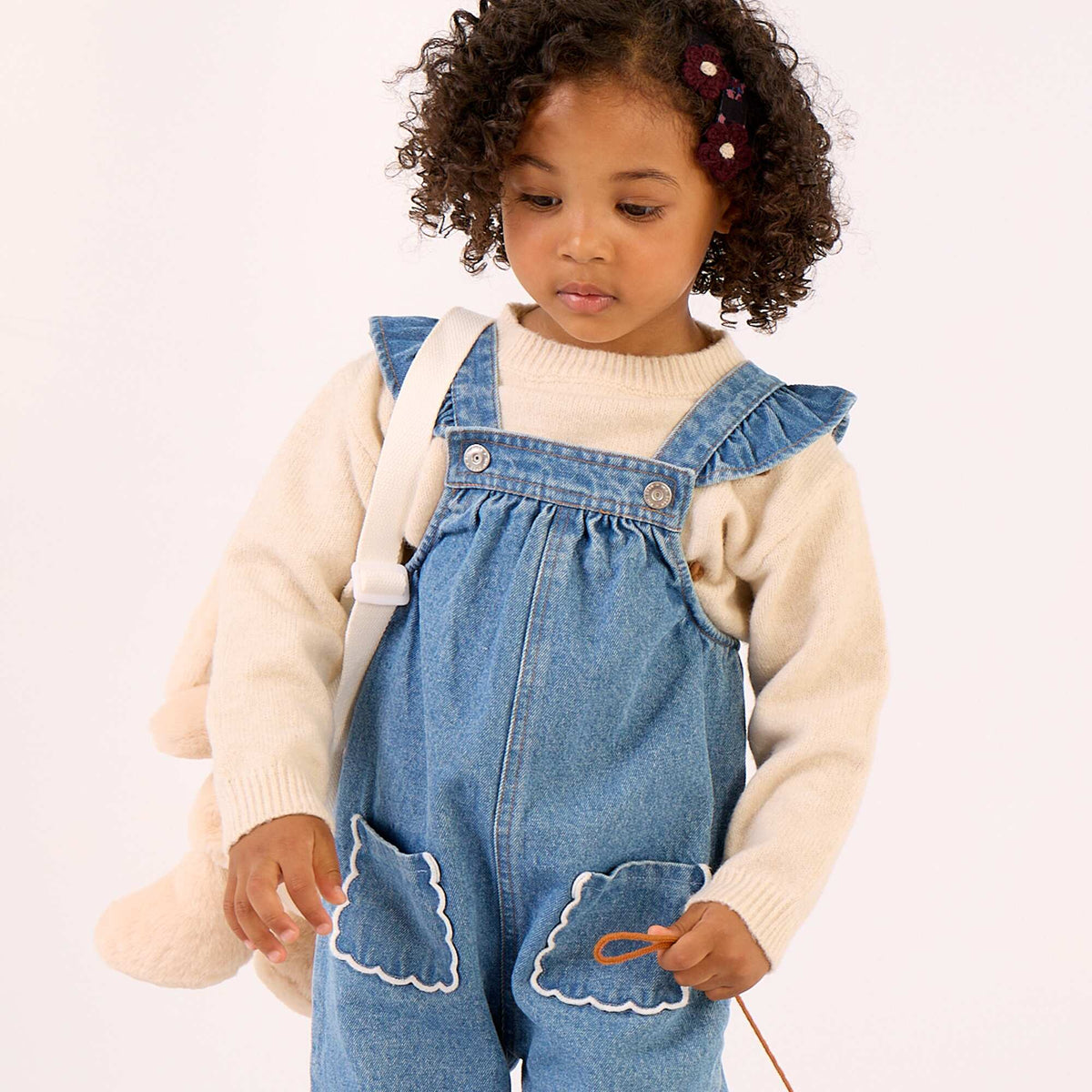 Denim overalls with ruffled straps BLUE