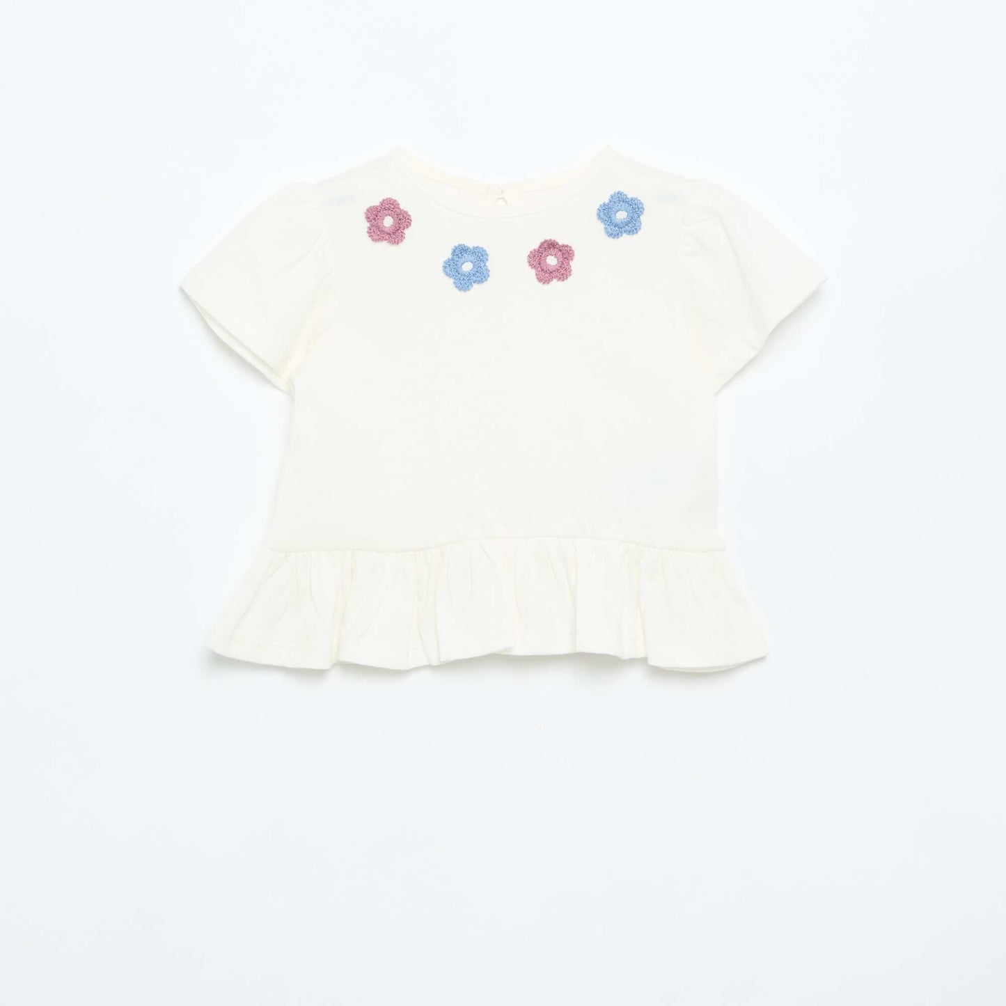 Short-sleeved T-shirt with embroidery and ruffled hem WHITE