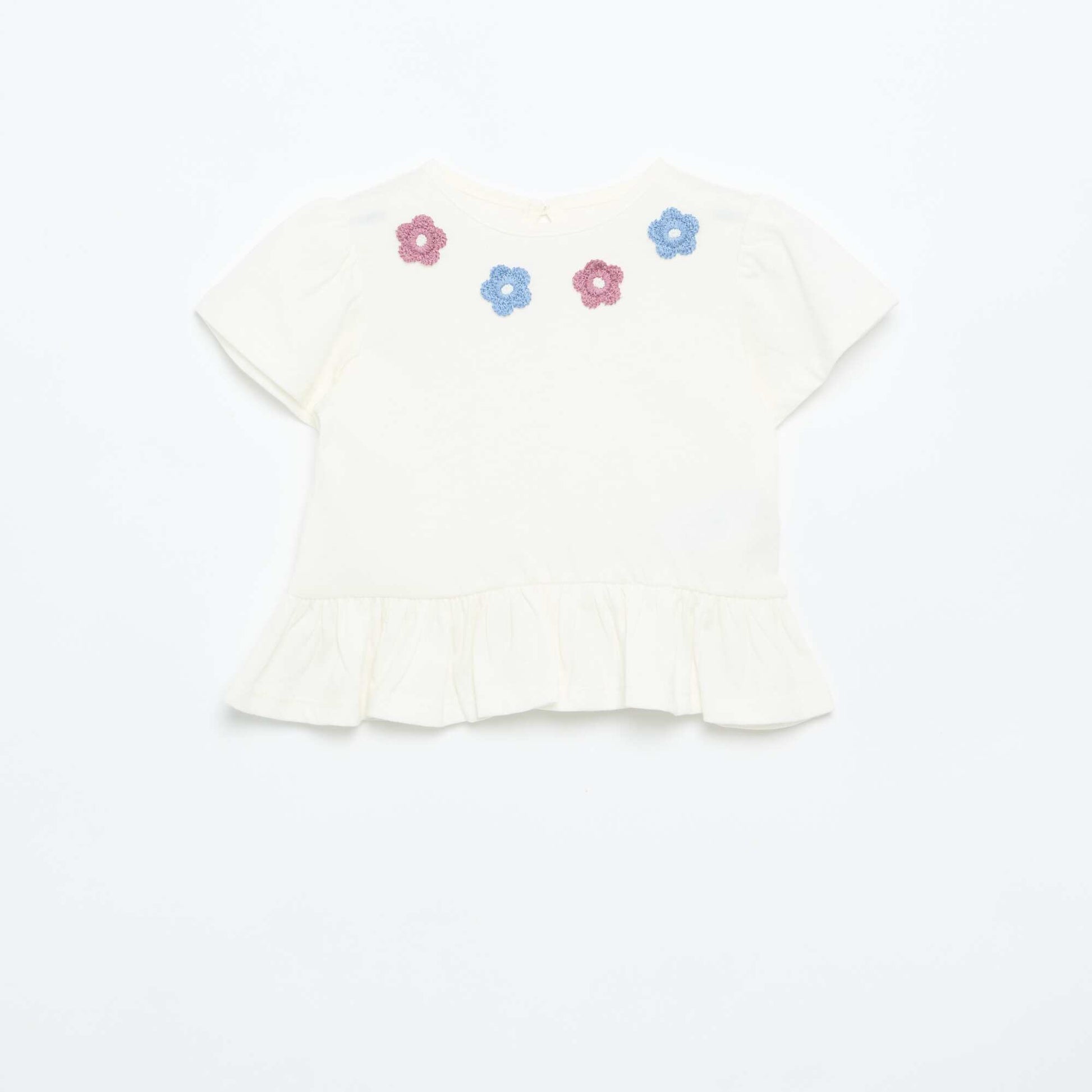 Short-sleeved T-shirt with embroidery and ruffled hem WHITE