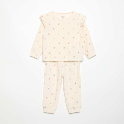 Velvet 2-Piece Pyjama Set: Ruffled Sweatshirt & Trousers BEIGE