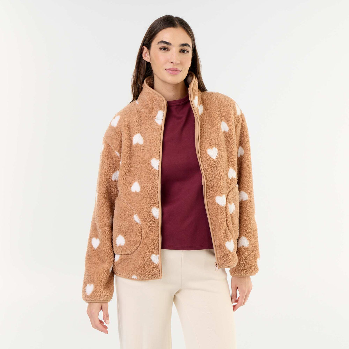 Patterned Zip-Up Fleece Top BROWN