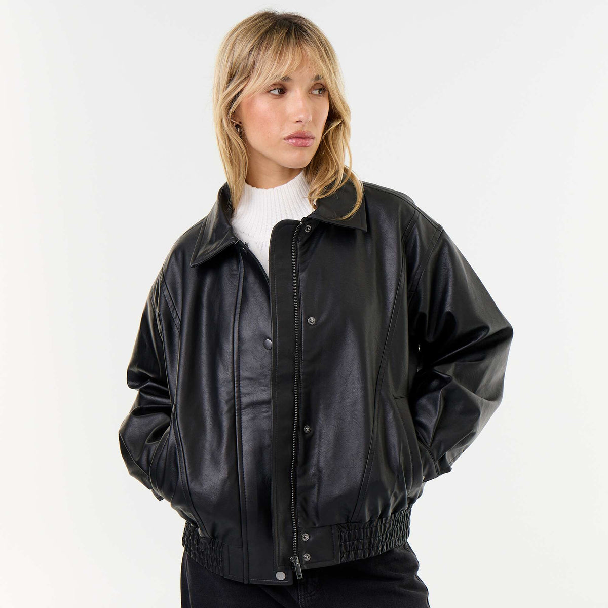 Oversized Faux Leather Jacket with Removable Fur Collar BLACK