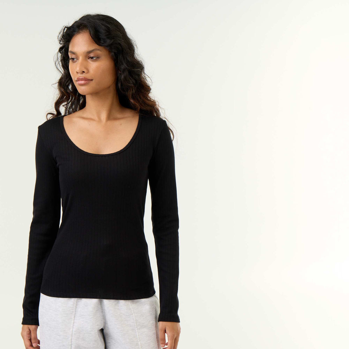 Long-sleeved pointelle knit T-shirt BLACK