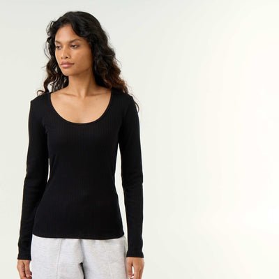 Long-sleeved pointelle knit T-shirt BLACK