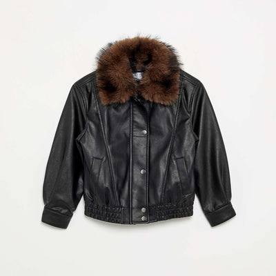 Faux Leather Bomber Jacket with Detachable Faux Fur Collar BLACK