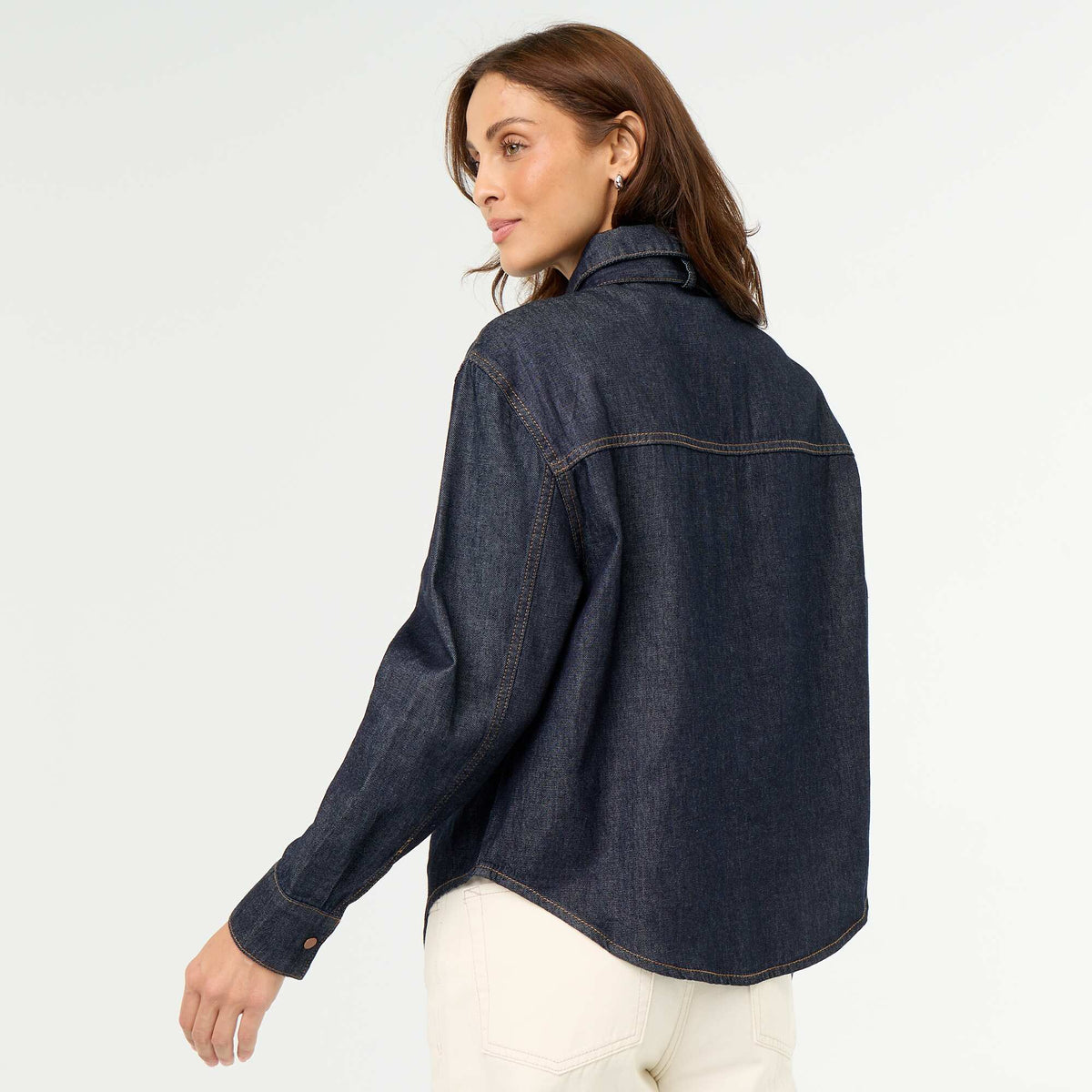 Denim Shirt with Pussy-Bow Collar BLUE