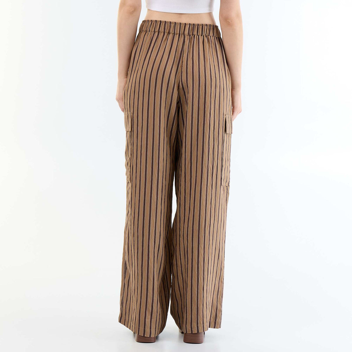 Wide-Leg Striped Trousers with Flap Pockets DARK BROWN