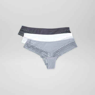 Pack of 3 Cotton and Lace Thongs BLUE