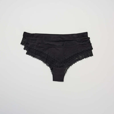 Pack of 3 Cotton and Lace Thongs BLACK